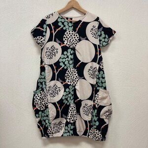 Mona Lisa Artsy Short Sleeve Panel Dress Elastic Hem Cotton Flax Sz M/L